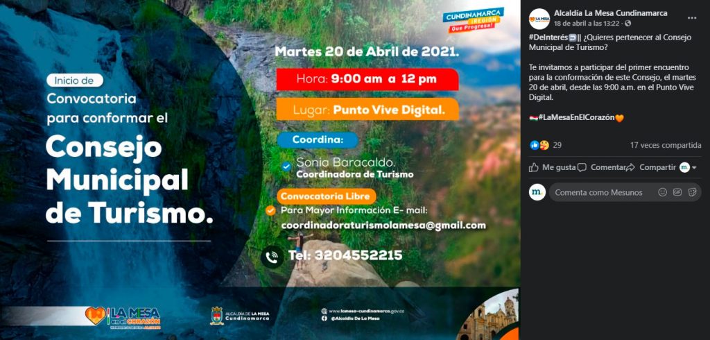 Invitación a conformar el Consejo Municipal de Turismo de La Mesa Cundinamarca
