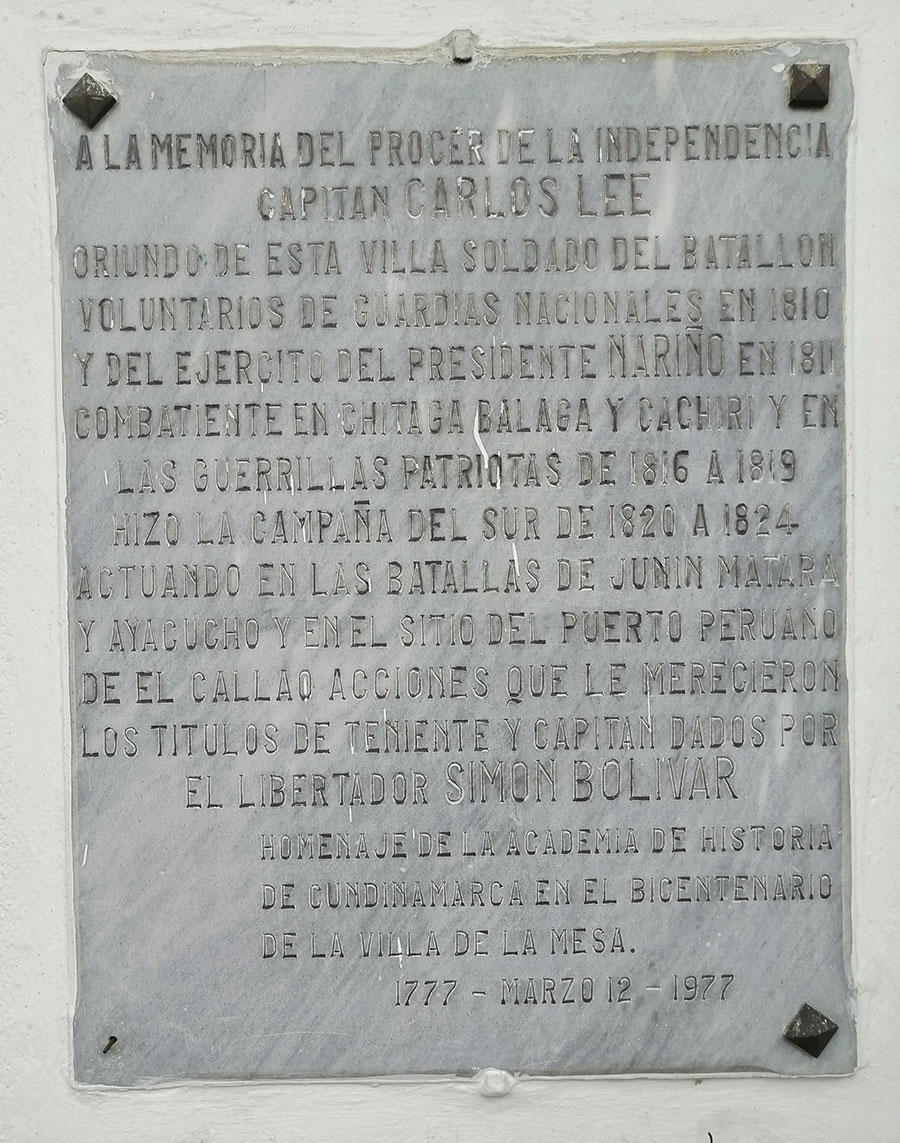 Placa conmemorativa al Capitán Carlos Lee prócer de la independencia de Colombia Placa conmemorativa al Capitán Carlos Lee prócer de la independencia de Colombia