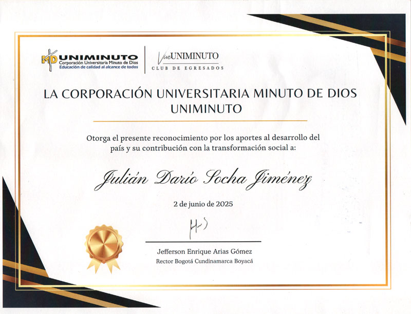 Certificación de Uniminuto a Julián Socha por su aporte desde Mesunos Org